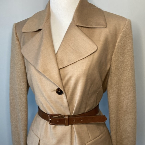 Anne Klein Elegant Tan Wool Cashmere Belted Blazer Knitted Sleeves Sz Med - Picture 5 of 9